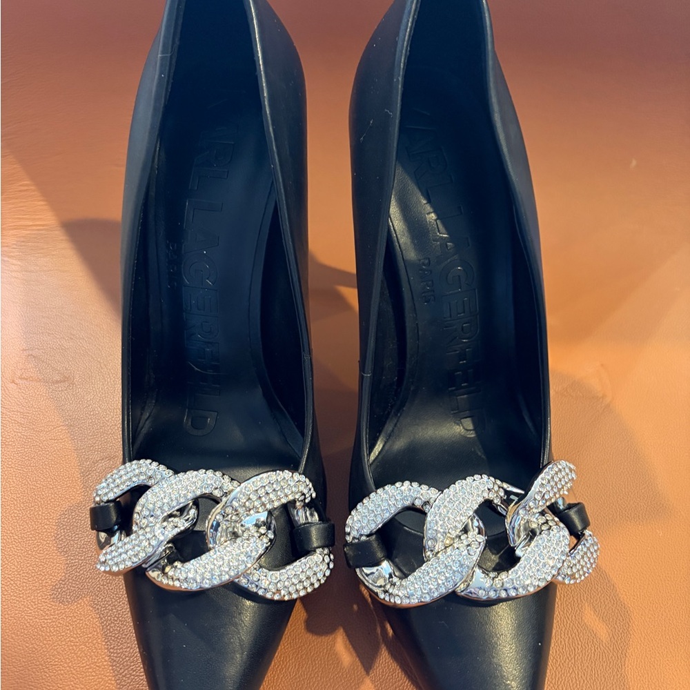 Karl Lagerfeld Black Heels with Silver Chain Detail